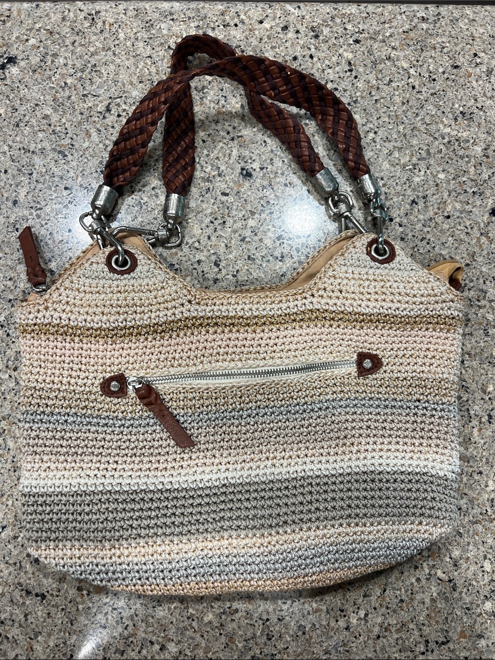 The Sak Neutral Striped Woven Shoulder Bag with Brown Braided Handles